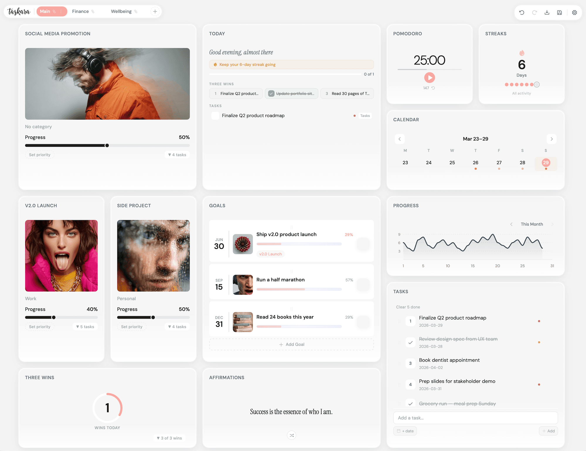 Taskara personal life dashboard showing productivity, wellness, finance, and tracking widgets arranged on a customizable grid